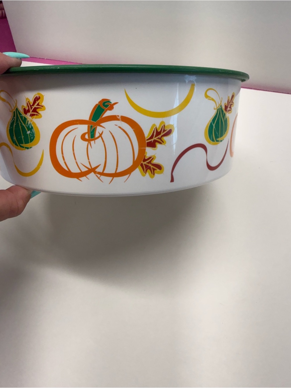 Tupperware White Bowl with Orange Pumpkin and Green Trim